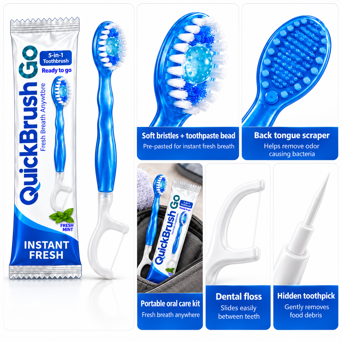 QUICK BRUSH GO - INSTANT BRUSH - MINT - RETAIL DISPLAY BOX (24 PACK)
