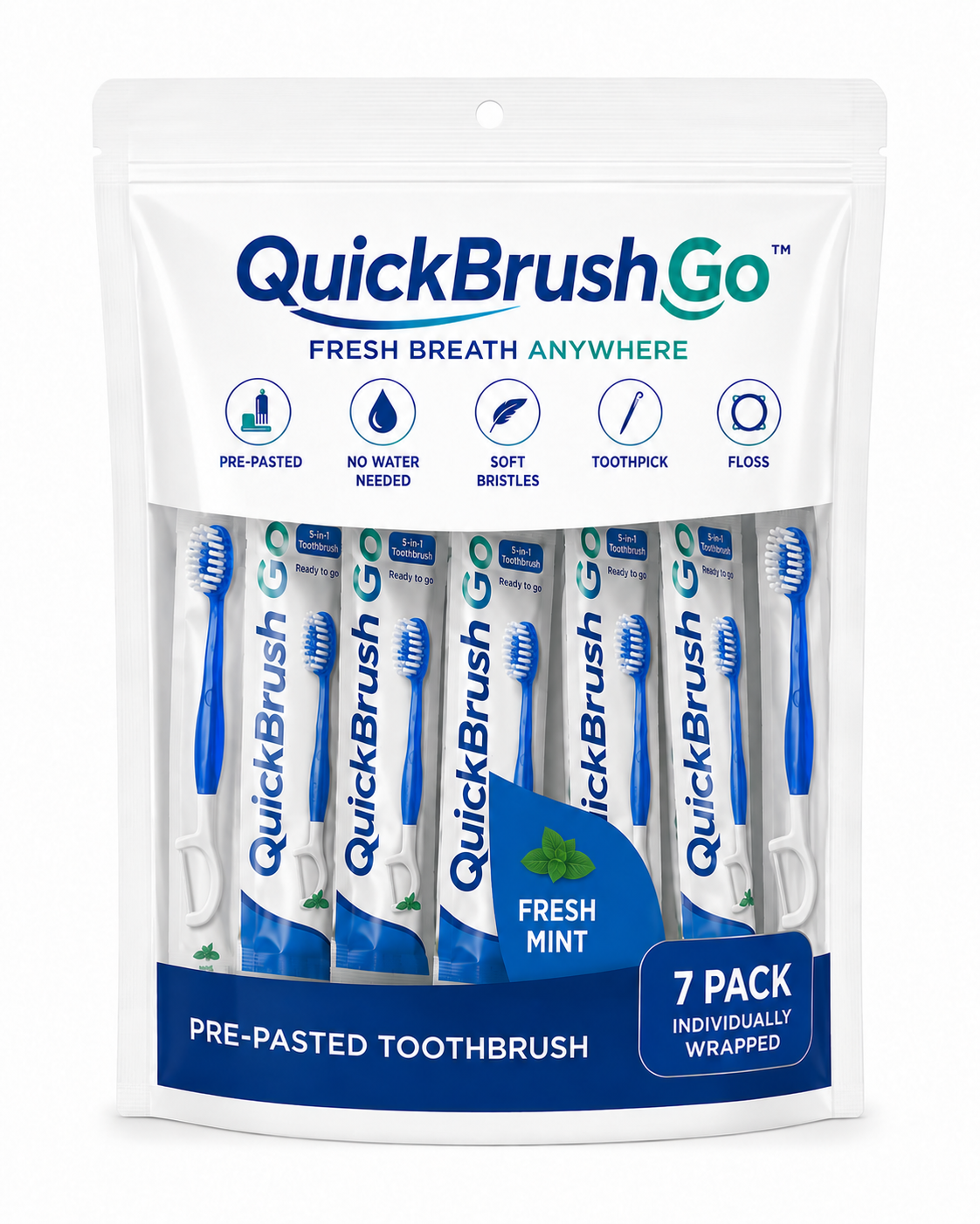 QUICK BRUSH GO - INSTANT BRUSH  - MINT - POUCH (7 PACK)