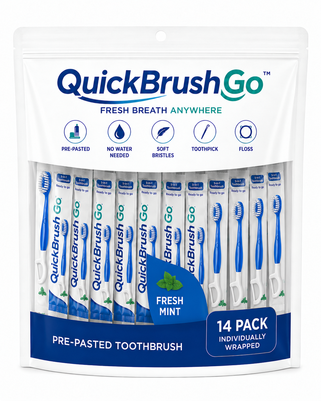 QUICK BRUSH GO - INSTANT BRUSH  - MINT - POUCH (14 PACK)