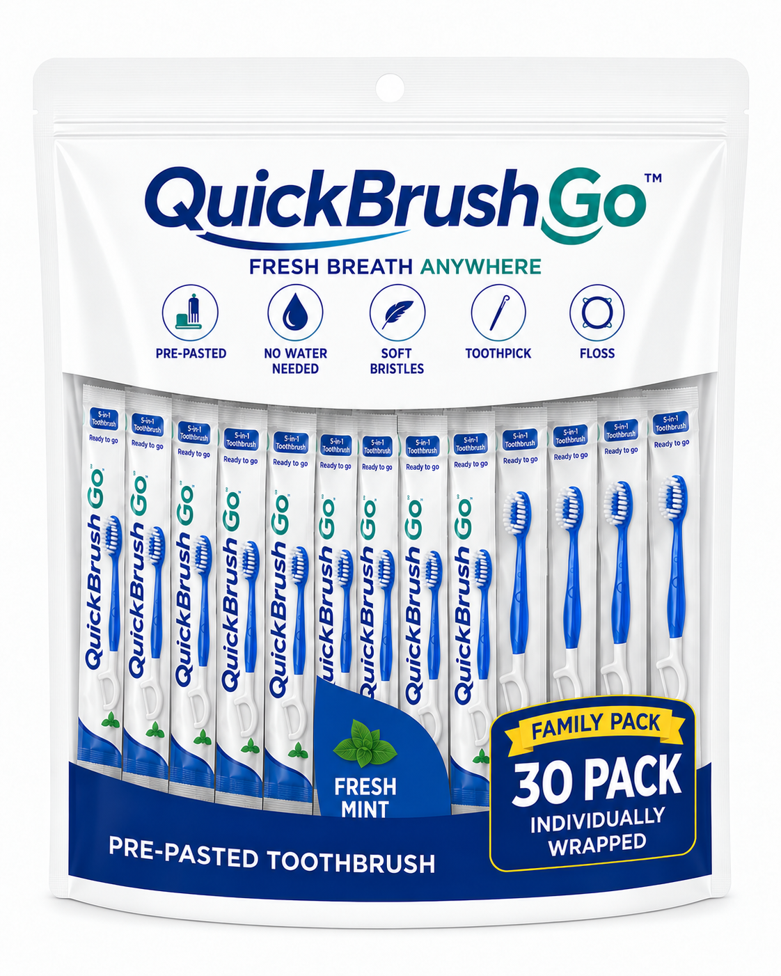 QUICK BRUSH GO - INSTANT BRUSH- MINT - POUCH (30 PACK)