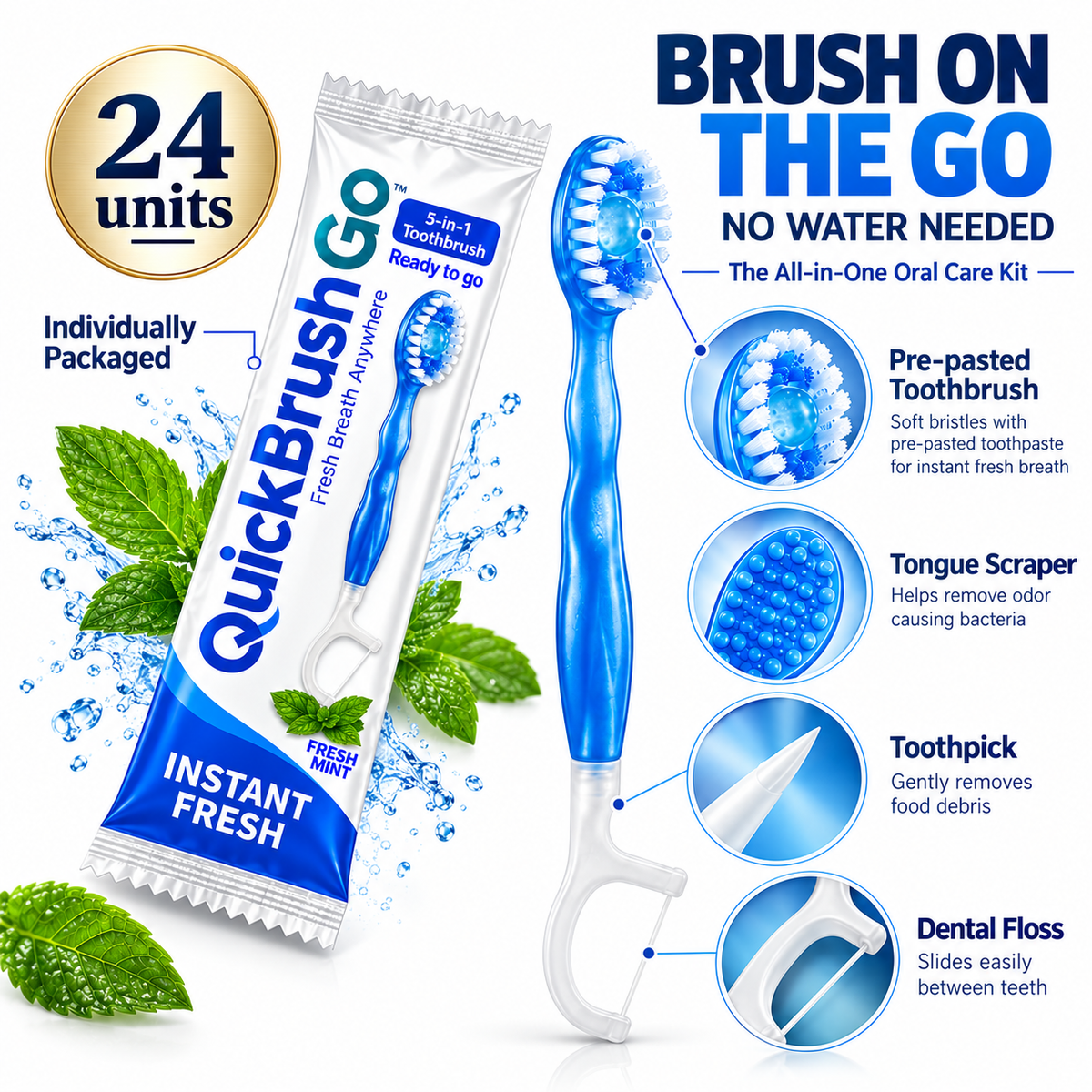 QUICK BRUSH GO - INSTANT BRUSH - MINT - RETAIL DISPLAY BOX (24 PACK)