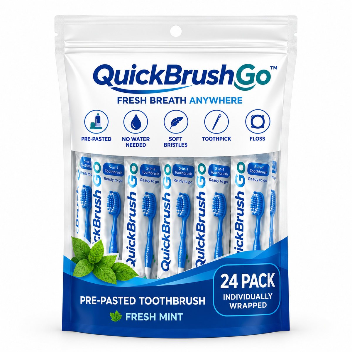 QUICK BRUSH GO - INSTANT BRUSH- MINT - POUCH (24 PACK)